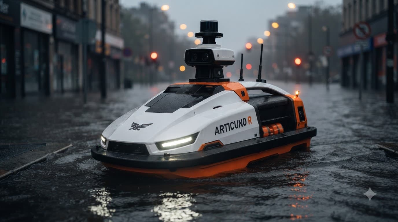 ARTICUNO R approaching through a flooded city street at night, hull and sensor turret lit by its own lights