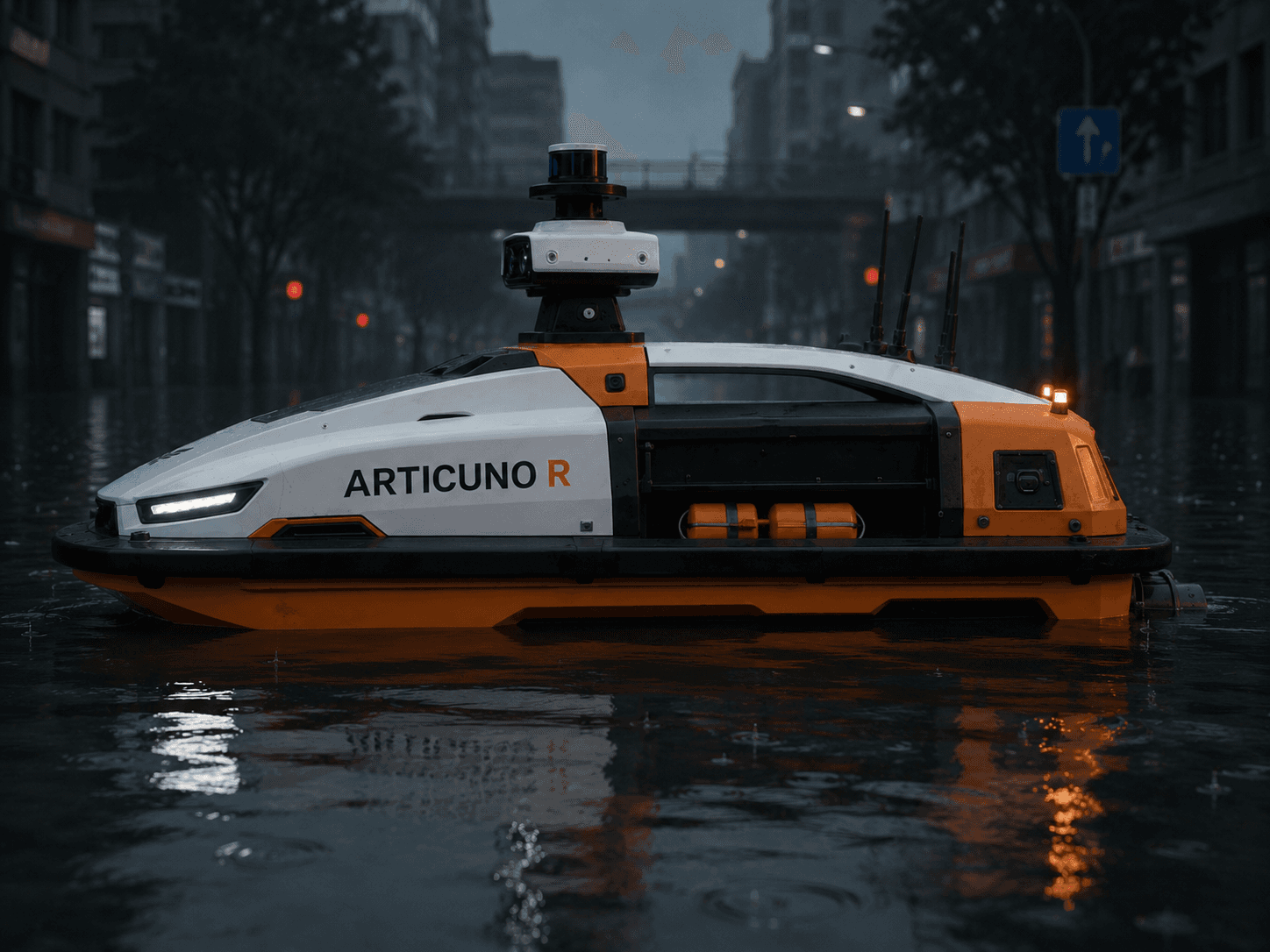 ARTICUNO R in profile, moving through a flooded city street at night