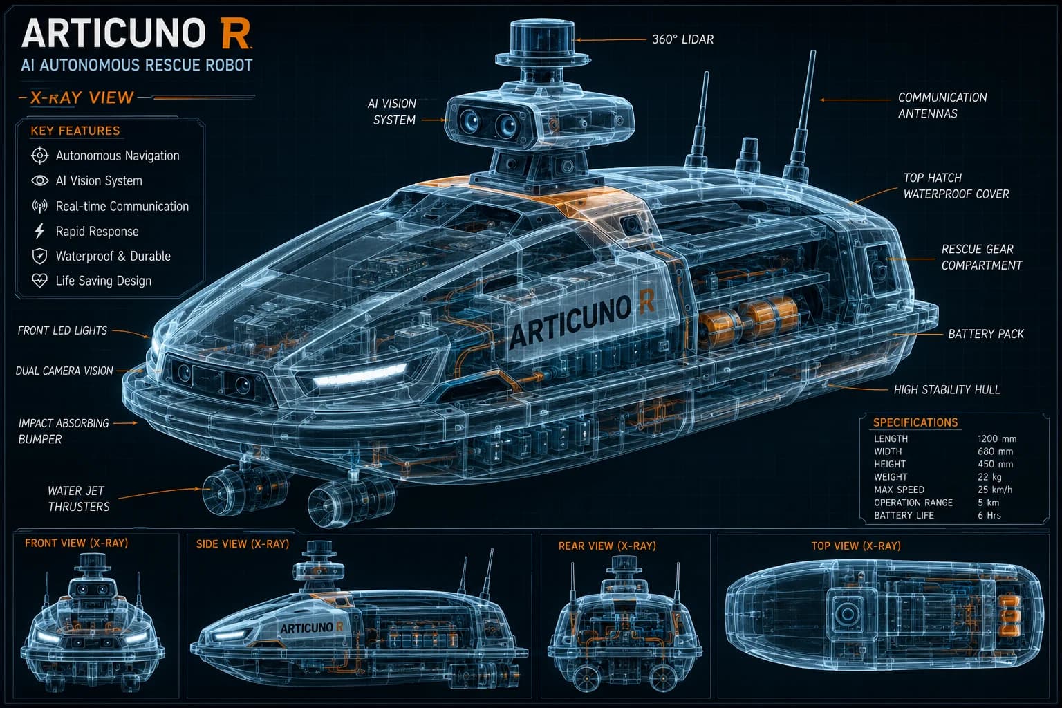 X-ray technical view of ARTICUNO R showing internal components and four orthographic views